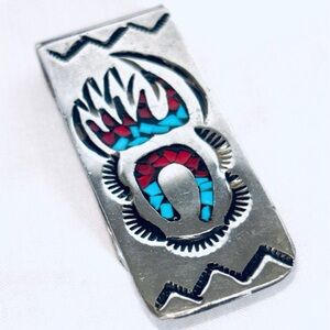 Vintage Navajo Money Clip Bear Paw Claw Willie Nezzie Nickel Silver Turquoise